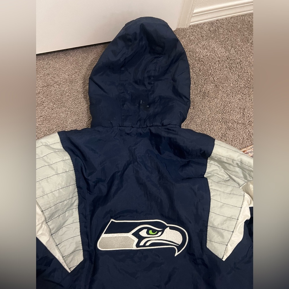 Vtg Seattle Seahawks Jacket Mens L Blue Starter Y2K Pullover Pouch 1/2 Zip - Picture 10 of 11